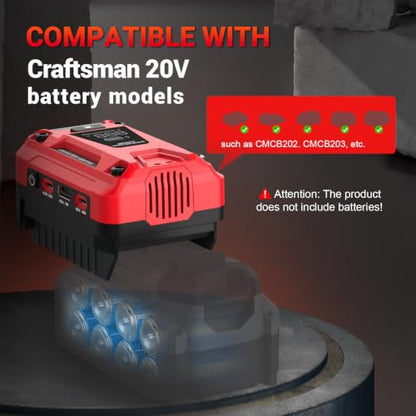 140W Fast Bidirectional Charger Compatible with Craftsman 20V Battery | Dual USB-C 140W Output, Single USB-A 18W Output, Maximum Output of 280W, 700LM LED Work Light & LED Display (No Battery) - color: crimson