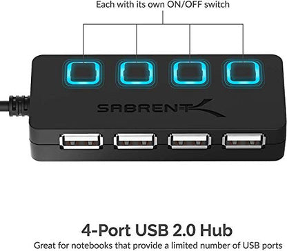 SABRENT 4-Port USB 2.0 Data Hub, LED Power Switches (HB-UMLS) | Individual LED-lit power switches; data only (charging not supported); for Mac & PC - size: USB-A 4-Port