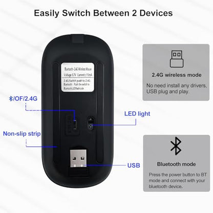 Wireless Bluetooth Mouse for iPad/MacBook Pro/Air/Laptop/pc Rechargeable Silent Mouse Portable Slim for Surface Pro/Lenovo/Samsung Tablet (LED/Gray) - color: LED/Gray