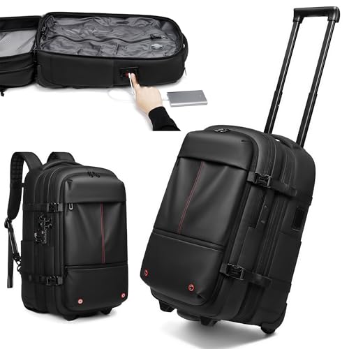 Vacuum Rolling Backpack with Integrated Pump, 60L Vacuum Backpack for Travel with Wheels, TSA Lock and Charging Port, Vacuum Compression Expandable Backpack for 17.3'' Laptop, Business & Long Trips