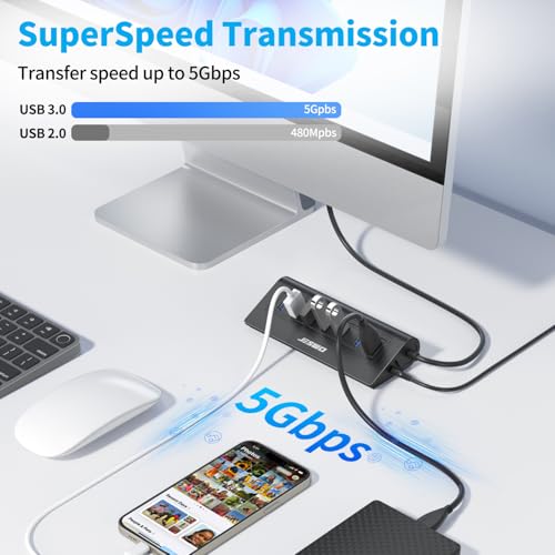 Powered USB Hub, JESWO 7-Port USB 3.0 Hub, Aluminum USB Data Hub with 3.3ft Cable, USB Hub 3.0 Powered with 20W Power Adapter for MacBook, Mac Pro/mini, iMac, XPS, PC, USB-Flash Drives, etc. (Black) - color: Black