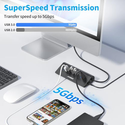 Powered USB Hub, JESWO 7-Port USB 3.0 Hub, Aluminum USB Data Hub with 3.3ft Cable, USB Hub 3.0 Powered with 20W Power Adapter for MacBook, Mac Pro/mini, iMac, XPS, PC, USB-Flash Drives, etc. (Black) - color: Black
