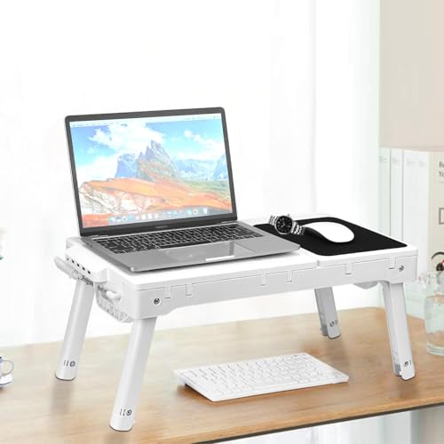 Foldable Laptop Desk, Adjustable Portable Laptop Stand for Bed Couch, Small Bed Table for Laptops and Writing, Bed Tray Table with Cup Holder, Cooling Fan, LED Light (White) - color: White