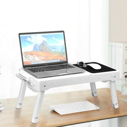 Foldable Laptop Desk, Adjustable Portable Laptop Stand for Bed Couch, Small Bed Table for Laptops and Writing, Bed Tray Table with Cup Holder, Cooling Fan, LED Light (White) - color: White