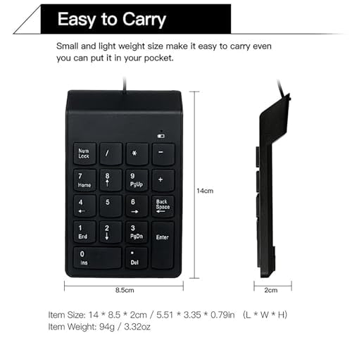 cimetech Wired Number Keypad, 18 Key USB Numeric Pad | Office Accounting, Portable, Mini, for Laptop PC Computer Desktop Surface Pro Notebook - color: Wired-Black