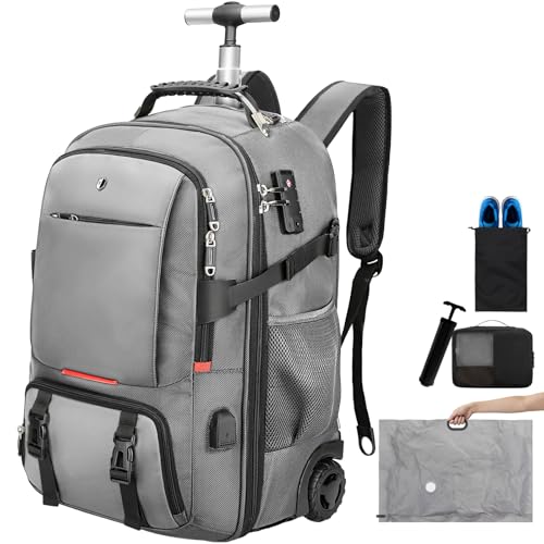 Backpack with wheels,rolling backpack with 2 Packing Cubes and compression bags,Laptop Compartment,Water Resistant Luggage suitcase,Air Travel,Weekend Trips (Grey) - color: Grey