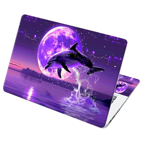 Universal Laptop Skin Sticker with 2 Wrist Pad Decals, 3-Piece Removable Vinyl Laptop Cover, Purple Dolphin Moon Waterproof Anti-Scratch, Easy-Trim Fit for 13.3" 14" 15.6" Laptops - color: Purple Dolphin Moon