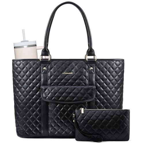 LOVEVOOK Laptop Tote Bag for Women 15.6 Inch,Waterproof Computer Bag for Laptop for Womens,Quilted Travel Work Tote Bags for Women,Stylish Laptop Bag Purse with Luggage Sleeve for Teacher,Nurse,Office - color: Pu-black(quilted), size: 15.6 Inch
