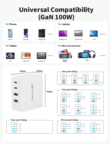 100W USB C Charger, Security-01 4 Ports GaN PD Fast Wall Charger, Compatible with MacBook Pro, MacBook Air, iPhone 14 13 Pro,Steam Deck,Galaxy S22/S21 and More - size: 100W