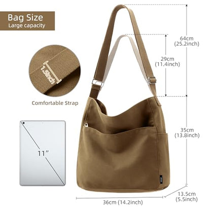 KALIDI Canvas Tote Bag Large Hobo Crossbody Shoulder Handbag Zipper Messenger Bag for Women or Men Casual College Work - color: Abrown