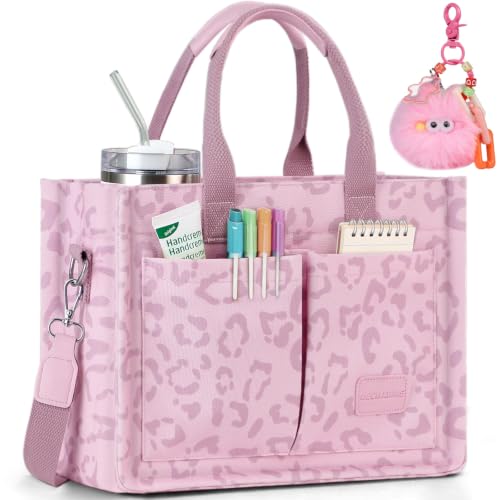 BECOJADDE Structured Canvas Tote Bag for Women, Multi-Compartment Zippered Purse for Work Bible Travel - color: Leopard Pink, size: Large
