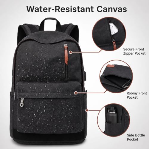 Canvas Laptop Backpack, Waterproof School Backpack With USB Charging College - color: Black