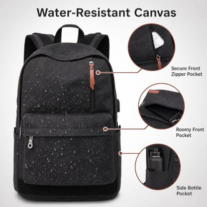 Canvas Laptop Backpack, Waterproof School Backpack With USB Charging College - color: Black