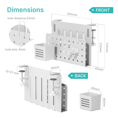 PEGZONE Desk Side Storage Organizer, No Drill Under Desk Laptop Holder, Clamp on Desks Shelf with Pegboard Accessories, Hanging Laptop Mount, Fits Flat Edge 0.4" to 2.2", White | No Drill Under Desk Laptop Holder, Clamp on Desks Shelf with Pegboard Access