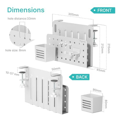 PEGZONE Desk Side Storage Organizer, No Drill Under Desk Laptop Holder, Clamp on Desks Shelf with Pegboard Accessories, Hanging Laptop Mount, Fits Flat Edge 0.4" to 2.2", White | No Drill Under Desk Laptop Holder, Clamp on Desks Shelf with Pegboard Access