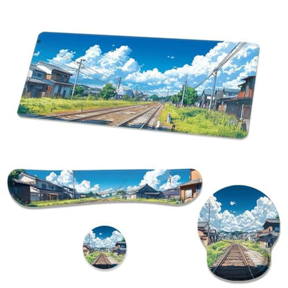 Anime Landscape Desk Mat Set Japanese Railway Summer Sky Town Mouse Pad with Wrist Rest 4in1 Desk Mat for Desktop Ergonomic Computer Desk Arm Wrist Anti-Slip Computer Mouse Pad Home Office Gaming - color: Anime Landscape