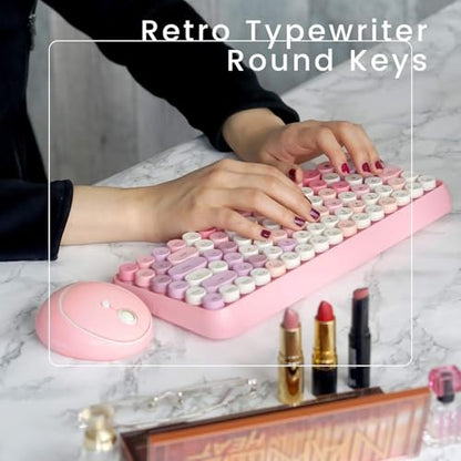Perixx PERIDUO-713 Wireless Mini Keyboard and Mouse Combo, Retro Round Key Caps, Pastel Pink, US English Layout - color: Pink