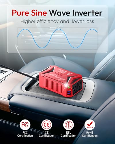 BESTEK Pure Sine Wave Power Inverter - 300W Car Plug in Charger Outlet DC 12V to 110V AC - Cigarette Lighter Adapter 4.8A Dual USB Fast Charging Ports for Laptop - Aluminum Housing - Red | Vehicle Plug in Cigarette Lighter Outlet Solar Inverter, 4.8A Dual