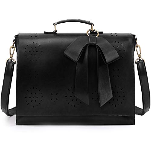 ECOSUSI Women's Briefcase Vegan Leather Laptop Bag for Work Shoulder Computer Satchel Bag with Detachable Bow - color: L-black