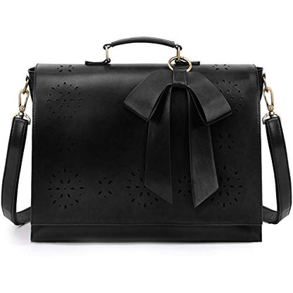 ECOSUSI Women's Briefcase Vegan Leather Laptop Bag for Work Shoulder Computer Satchel Bag with Detachable Bow - color: L-black