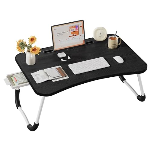 Lap Desk Bed Trays for Eating and Laptops Breakfast in Bed Tray for Sofa/Couch/Study/Reading/Writing with Cup Holder/Drawer On Low Sitting Floor Large Portable Foldable (Black) - color: Black