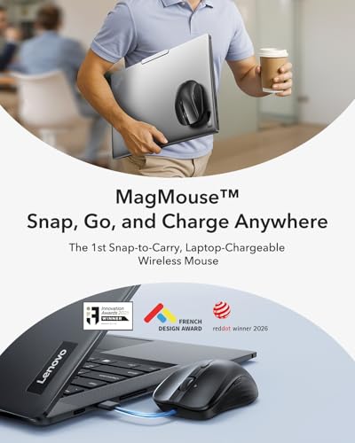 ESR MagMouse Snap-to-Carry Bluetooth Mouse, Rechargeable Wireless Mouse for Laptop with Built-in Charging Cable, Reusable Adhesive Holder, BT 5.0 + 2.4 GHz Connectivity, Silent, Ergonomic, Black - color: Black