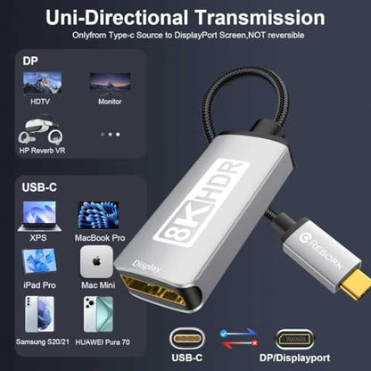 Unidirectional USB C to DisplayPort 1.4 Adapter 32.4Gbps, 4K@240hz, 8K@60hz, and HDR Support - Thunderbolt 3/4 to Display Port Compatible with iPad Pro, iPhone 16/15 Pro, MacBook Pro, XPS, Surface