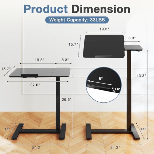 DUMOS Adjustable Bedside Overbed Table with Wheels, Black | Laptop Standing Desk with Tilting Top Height, Mobile Rolling Computer Cart for Hospital Home Bedroom Use - color: Black, size: 27.5" x 15.7" x 43.3"