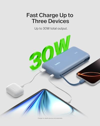 Belkin 20000mAh 30W USB C Power Bank, Portable Charger for iPhone & iPad | Fast Charging, Integrated USB C Cable, Eatra USB C Port, iPhone 17, iPad, Samsung Galaxy S26, Charge 2 Devices - color: Blue, style: 20K mAh