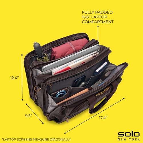 Solo New York Briefcase - Laptop Carrying Bag for Women & Men, Brief for Travel & Work, Padded Shoulder Strap, Premium Leather Body, Fits 15.6" Computer - Espresso