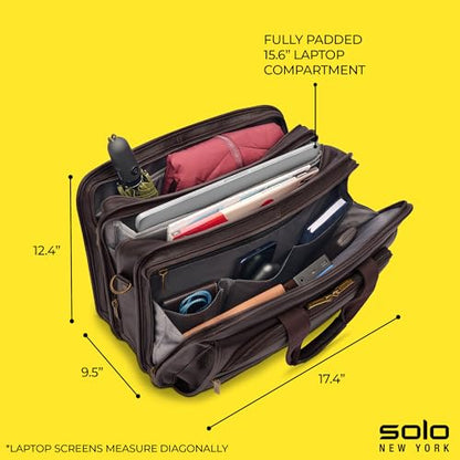 Solo New York Briefcase - Laptop Carrying Bag for Women & Men, Brief for Travel & Work, Padded Shoulder Strap, Premium Leather Body, Fits 15.6" Computer - Espresso