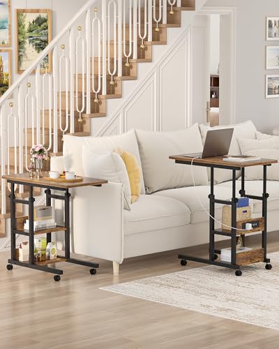Height Adjustable End Table with Charging Station, Mobile C Shaped Laptop Side Table with Wheels, 3-Tier Sofa Couch Table with Storage Shelve for Living Room Bedroom, Rustic Brown - color: Rustic Brown