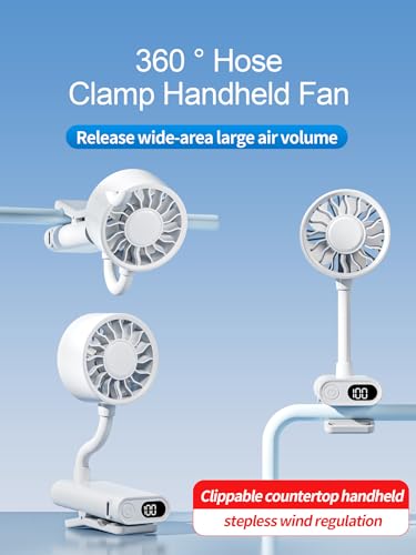 Rechargeable Clip-on Fan with 360° Flexible Hose, Portable Handheld Desk Fan with LED Display, Stepless Speed Adjustment, 4000mAh Battery Powered Personal Fan for Stroller, Office, Car, Camping, Home