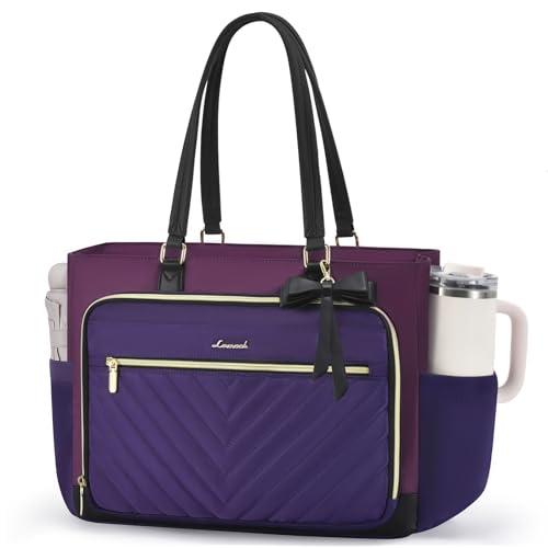 LOVEVOOK 17 Inch Laptop Tote Bag for Women, Teacher Work Bag with Large Cup Holder, Quilted Teacher Diaper Bag for Travel, Computer Women's handbags for Nurse gift - color: Blue Purple-eggplant Purple-black, size: 17.3 inch