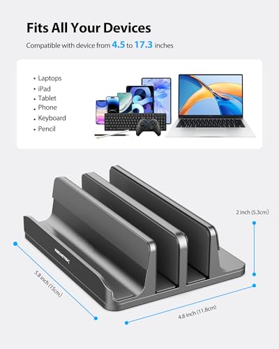 AboveTEK Vertical Laptop Stand, 3 Slots Aluminum Desk Laptop Holder & Laptop Docking Station Stand for MacBook, Tablet, Phone - Universal Fit (Up to 17.3") - Heavy Duty Polished, Anti Slide - Grey - color: Grey