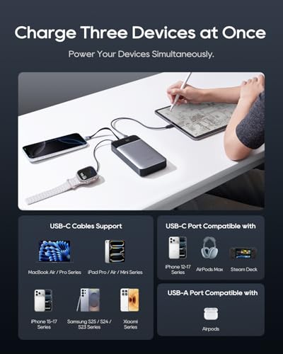 CUKTECH 25,000mAh Power Bank, 100W Max Portable Charger with Built-in USB-C Cable, Fast Charging External Battery Pack for MacBook Pro/Air, iPhone 17/16/15 Series, Samsung, Pixel, Airline Approved