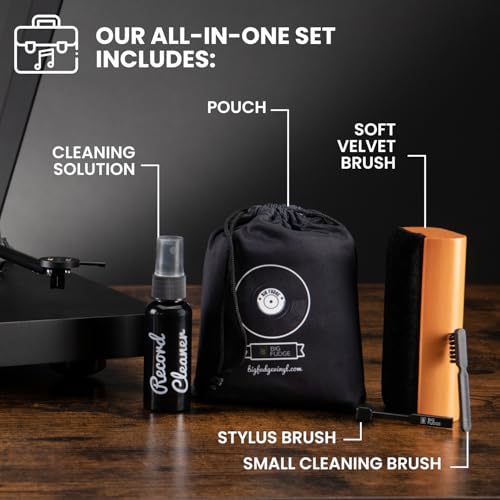 Big Fudge Vinyl Record Cleaning Kit - 4-in-1 Vinyl Record Cleaner Kit for Records Includes Ultra-Soft Velvet Brush Cleaning Liquid Stylus Brush and Storage Pouch - Pro Records Care - style: Premium Cleaning Kit