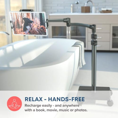 Levo G2 Deluxe Tablet Floor Stand, Rolling iPad Holder for Work & Streaming | Premium 5-axis arm reaches over chairs and beds, extra-tall 30-56 in height, locking casters, hands-free reading and play