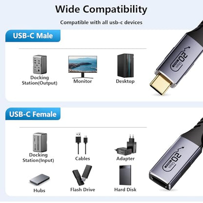 USB-c Extension cable16.5ft, 20 Gbps High-Speed Data Transfer, 4K Video Support, 100W Charging, Braided, Male to Female Extender Compatible with Thunderbolt 3/4,Laptop,SSD,Monitors and More - size: 16.5FT