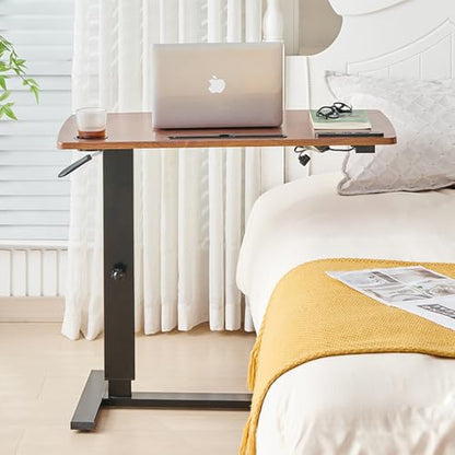 Over Bed Table Pneumatic Adjustable Height Stand Desk with Hidden Casters Foldable Mobile Laptop Computer Standing Desk with USB Ports Pad