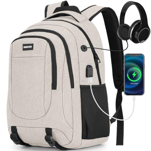 Laptop Backpack for Men and Women: 15.6 Inch Large School Backpacks for Teen Boys Durable Water Resistant College Bookbag Anti Theft Computer Bag with USB Charger for Business Work Travel, Beige - color: Beige, size: 15.6 Inch