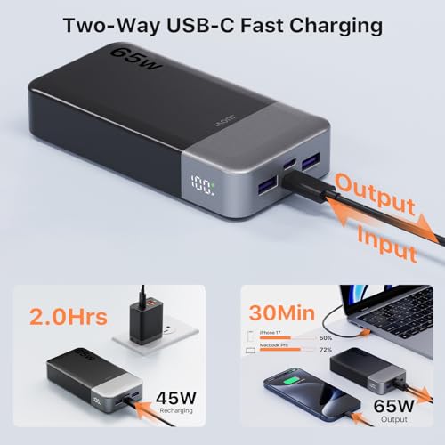 JUOVI Power Bank 65W 20000mAh Laptop Portable Charger | Fast Charging with 4 Ports LED Display External Battery Pack for MacBook Air iPad Tablet iPhone Samsung Steam Deck etc - color: Black