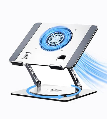 Adjustable Laptop Stand with Cooling Fan & 360 Rotating Base | Ergonomic Laptop Riser for Desk ,Foldable for 10-17'' Computer Gaming/DJ/Office Use - Silver - size: Extra Large