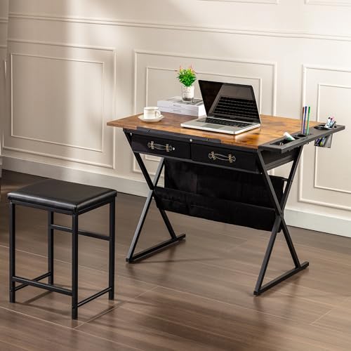VECELO Drafting Table Art Desk Art Table Adjustable Drawing Table Tilted Tabletop with 2 Storage Drawers and Stool, Drawing Desk for Artist Painters Drawing, Crafting, Reading, Writing, Rustic Brown - color: Rustic Brown