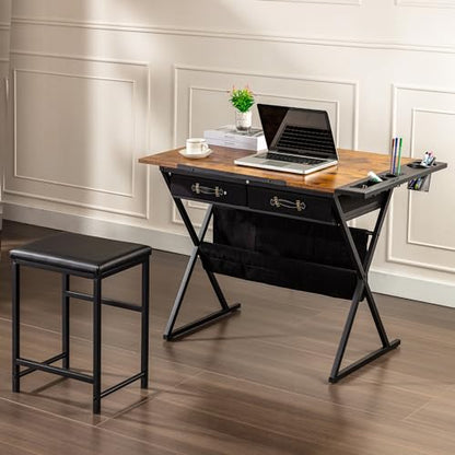VECELO Drafting Table Art Desk Art Table Adjustable Drawing Table Tilted Tabletop with 2 Storage Drawers and Stool, Drawing Desk for Artist Painters Drawing, Crafting, Reading, Writing, Rustic Brown - color: Rustic Brown