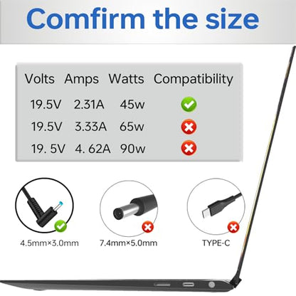 45W 19.5V 2.31A 741727-001 Laptop Charger Compatible with HP is 13252 213349-009 Pavilion 15 Notebook 740015-003 741553-850 HSTNN-DA40 TPN-LA15 Blue Tip Smart AC Power Adapter
