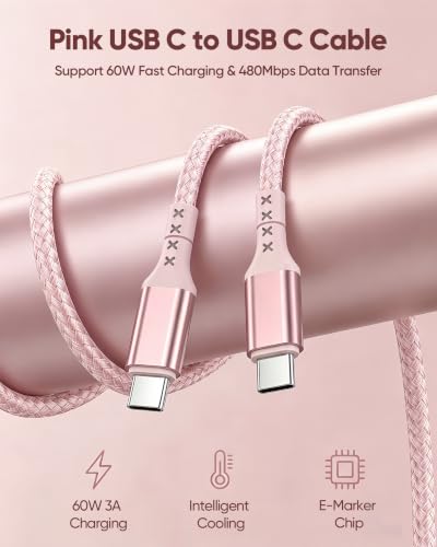 USB C Cable 15FT 2-Pack,Pink USBC 60W Fast Charging for MacBook Neo | Extra-Long , 60W PD Fast Charging, 480Mbps Sync, Braided, for MacBook Neo-Blush Pink, for iPhone 17/16/15,HP Book Pro14 - size: 15FT