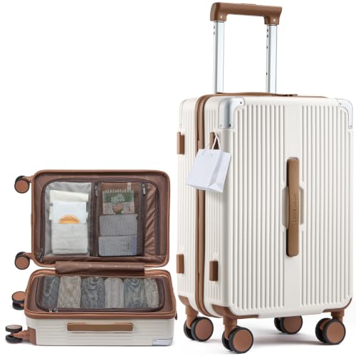LOVEVOOK Hardside Carry On Luggage 22x14x9 Airline Approved, Small Suitcase | 20 Inch Hard Shell with 3 Multiple Handles, Silent 360° Spinner Wheels With TSA Lock for Trip - color: White&Brown