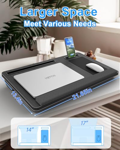 HETTHI Laptop Lap Desk, Portable Large Laptop Desk for Bed, Up to 17 Inch Lap Pad Tray with Wrist Rest, Mouse Pad, Tablet Phone Slot, Portable Handle, Cushion (Black) - color: Black