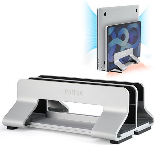 Aluminum Dual Vertical Laptop Stand Dock Holder, Supports 2 Devices, Adjustable Slot Width 15-36mm, Space-Saving Upright Storage for MacBook and Laptops - color: Silver, size: 2 Slots